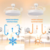 Stropný ventilátor Mimotec Olga s LED osvetlením, biely, s diaľkovým ovládaním, jednosmerný motor, 6 rýchlostí, výsuvné lopatky, letný/zimný režim, časovač 3