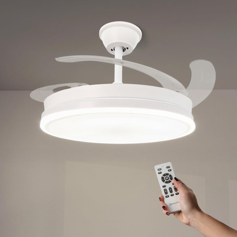 Stropný ventilátor Mimotec Olga s LED osvetlením, biely, s diaľkovým ovládaním, jednosmerný motor, 6 rýchlostí, výsuvné lopatky, letný/zimný režim, časovač