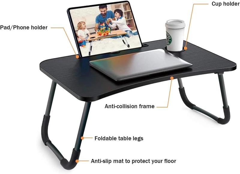 m MU Összecsukható Laptop Asztal - Hordozható Fa Ágyasztal 60x40 cm - Reggeliző Tálca, Olvasóállvány Fekete Színben Ágyhoz, Kanapéhoz