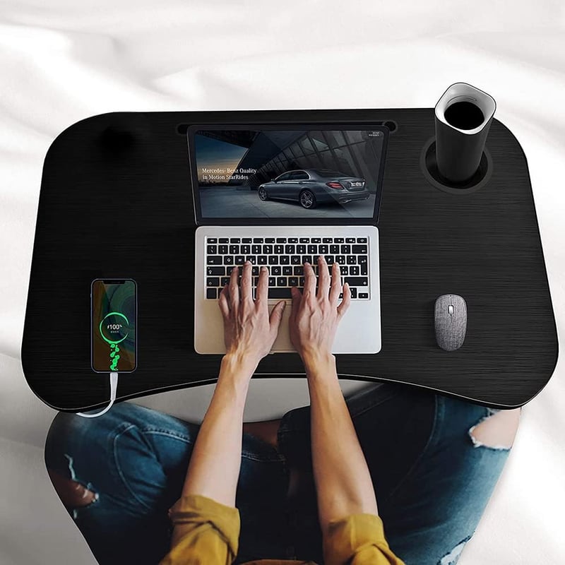 m MU Összecsukható Laptop Asztal - Hordozható Fa Ágyasztal 60x40 cm - Reggeliző Tálca, Olvasóállvány Fekete Színben Ágyhoz, Kanapéhoz