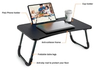 m MU Sklopivi Stol za Laptop - Prijenosni Drveni Stol za Krevet 60x40 cm - Poslužavnik za Doručak, Stalak za Čitanje Crne Boje za Krevet, Kauč 2