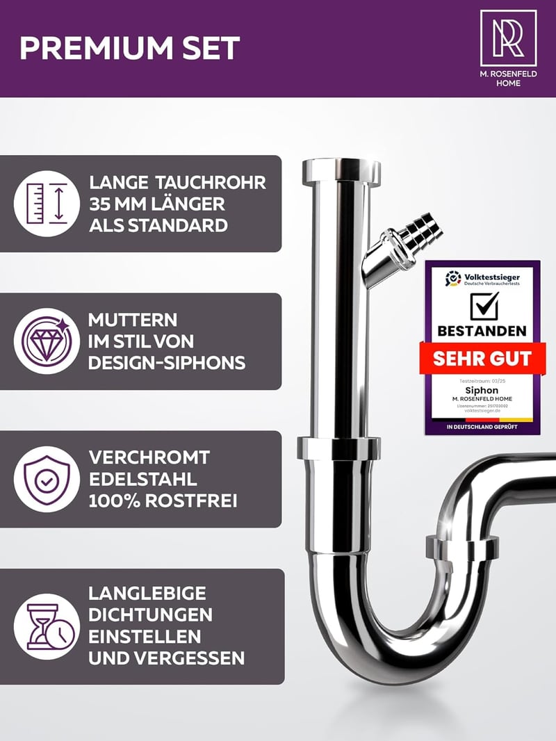 M. ROSENFELD HOME Rozsdamentes Siphon 1 1/4" - Mosógéphez, Magasságállítható, Fali Rozetta