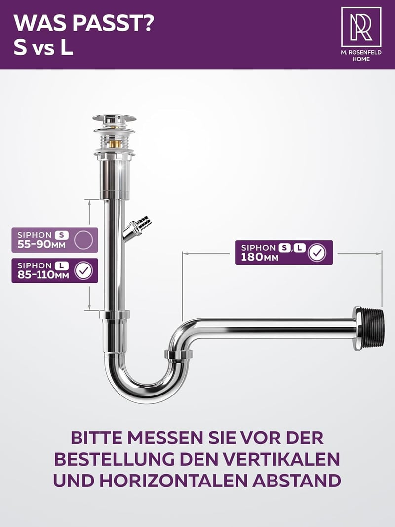 M. ROSENFELD HOME Rozsdamentes Siphon 1 1/4" - Mosógéphez, Magasságállítható, Fali Rozetta