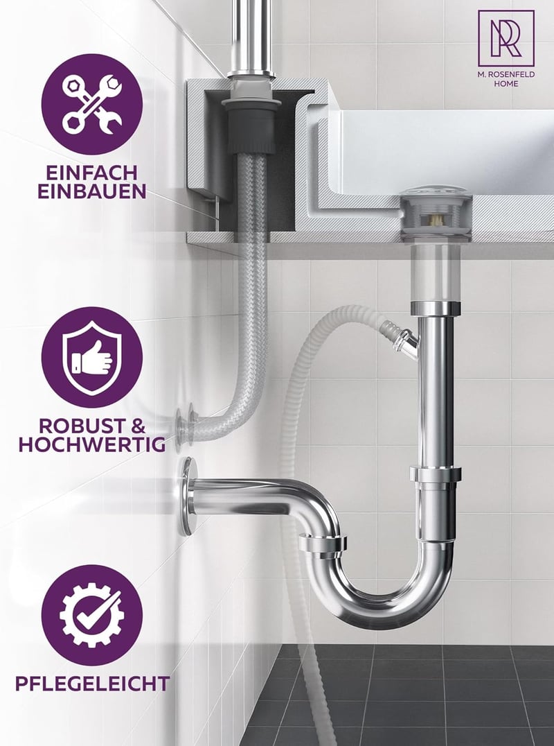 M. ROSENFELD HOME Rozsdamentes Siphon 1 1/4" - Mosógéphez, Magasságállítható, Fali Rozetta