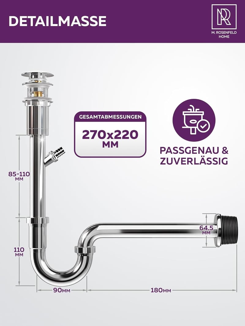 M. ROSENFELD HOME Rozsdamentes Siphon 1 1/4" - Mosógéphez, Magasságállítható, Fali Rozetta