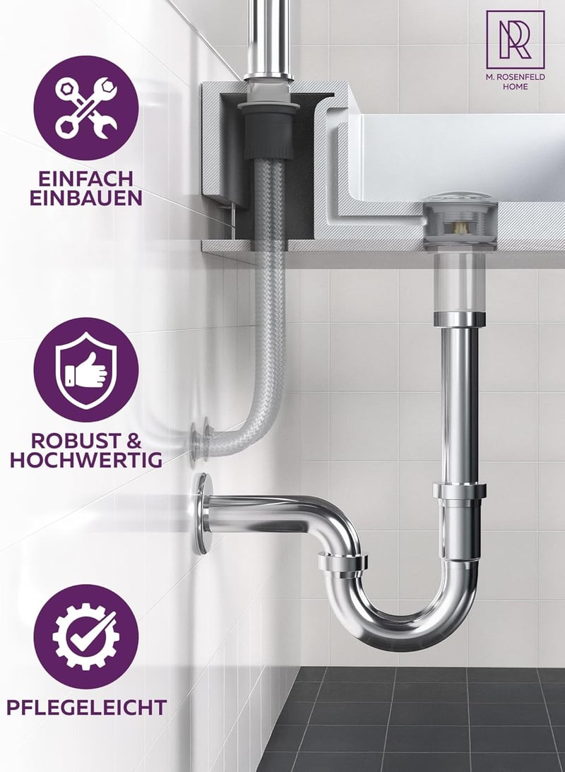 M. ROSENFELD HOME Rozsdamentes Szifon 1 1/4" Magasságállítható 85-110mm Fürdőszobai Lefolyócső