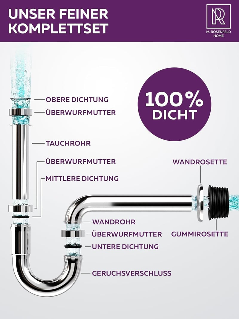 M. ROSENFELD HOME Rozsdamentes Szifon 1 1/4" Magasságállítható 85-110mm Fürdőszobai Lefolyócső