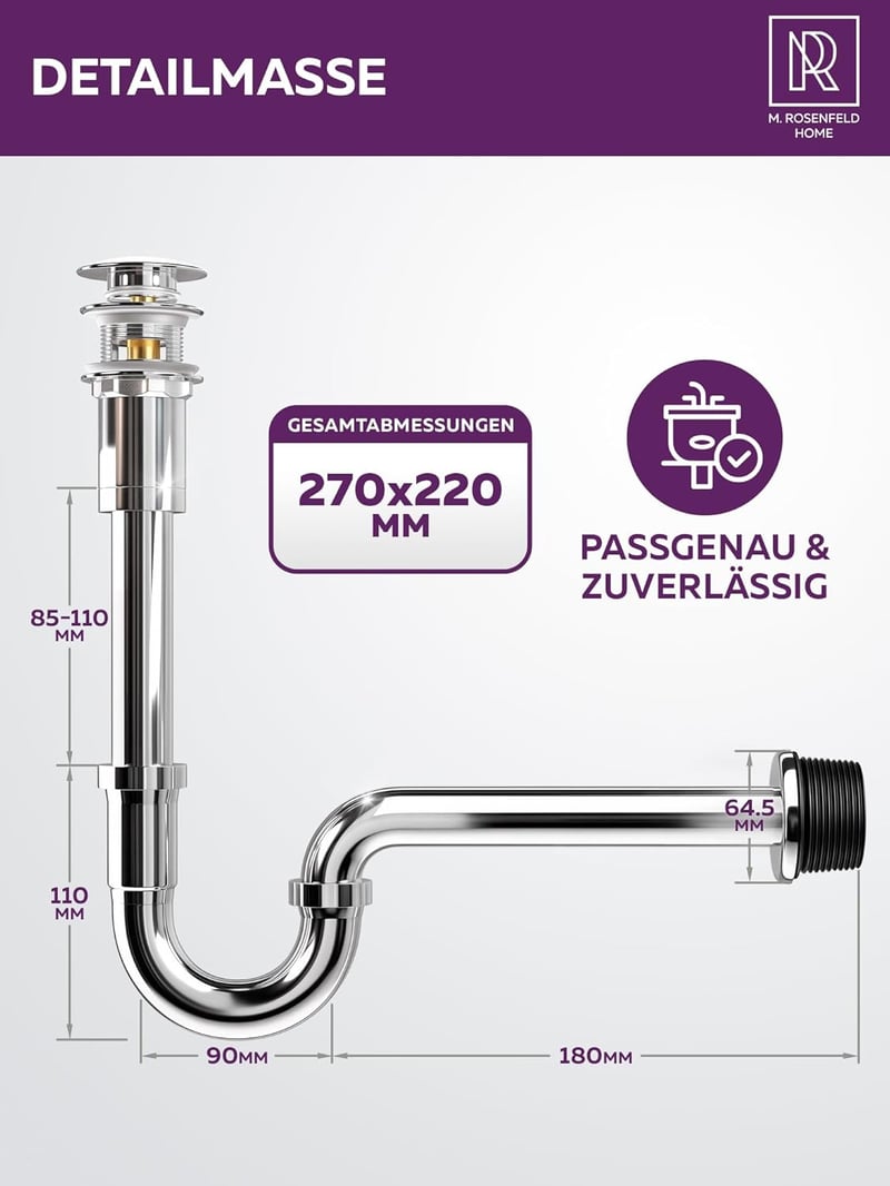 M. ROSENFELD HOME Rozsdamentes Szifon 1 1/4" Magasságállítható 85-110mm Fürdőszobai Lefolyócső