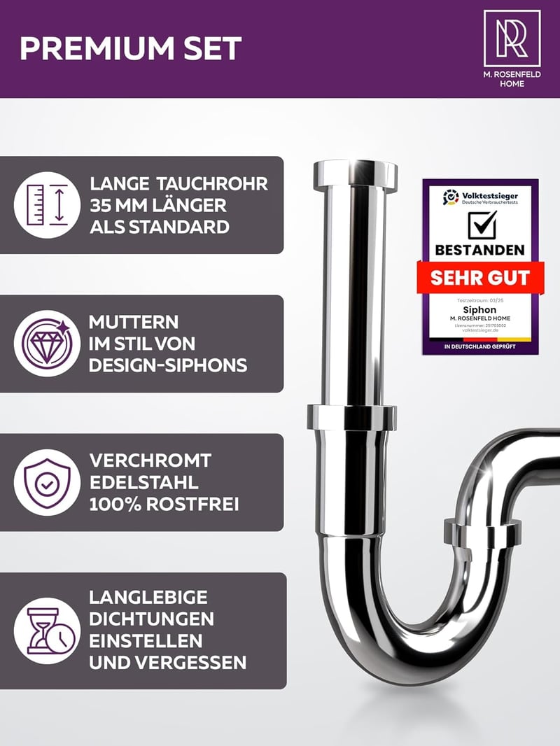 M. ROSENFELD HOME Rozsdamentes Szifon 1 1/4" Magasságállítható 85-110mm Fürdőszobai Lefolyócső