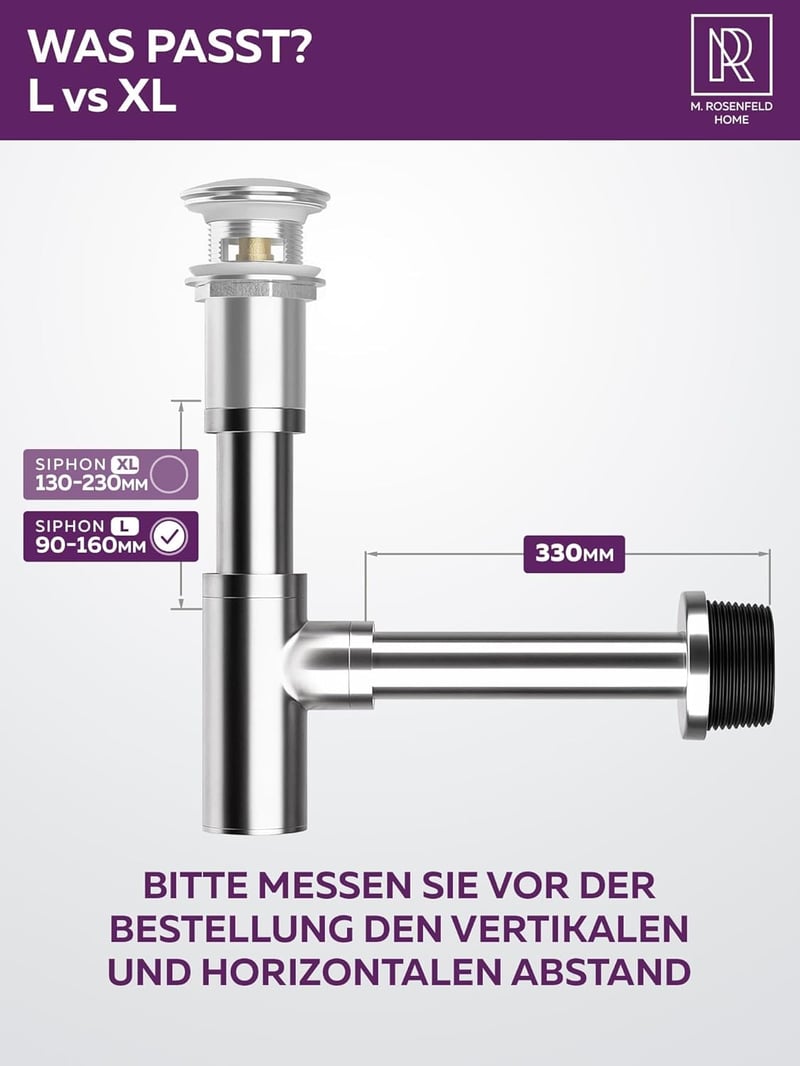 M. ROSENFELD HOME rozsdamentes szifoncsatorna 60-140 mm magasság, 330 mm cső, 1 1/4" fürdőszobai mosdóhoz