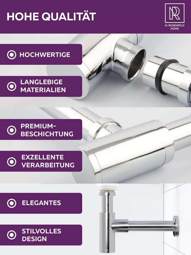 M. ROSENFELD HOME Designer Siphon 130-230 mm Merülőcsővel, 1¼ Colos Fürdőszobai Sifon Tisztítónyílással