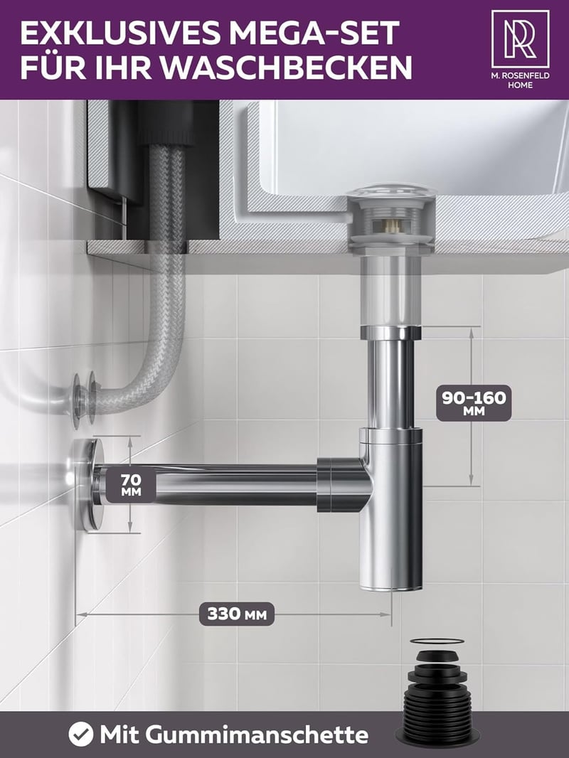 M. ROSENFELD HOME rozsdamentes szifoncsatorna 60-140 mm magasság, 330 mm cső, 1 1/4" fürdőszobai mosdóhoz