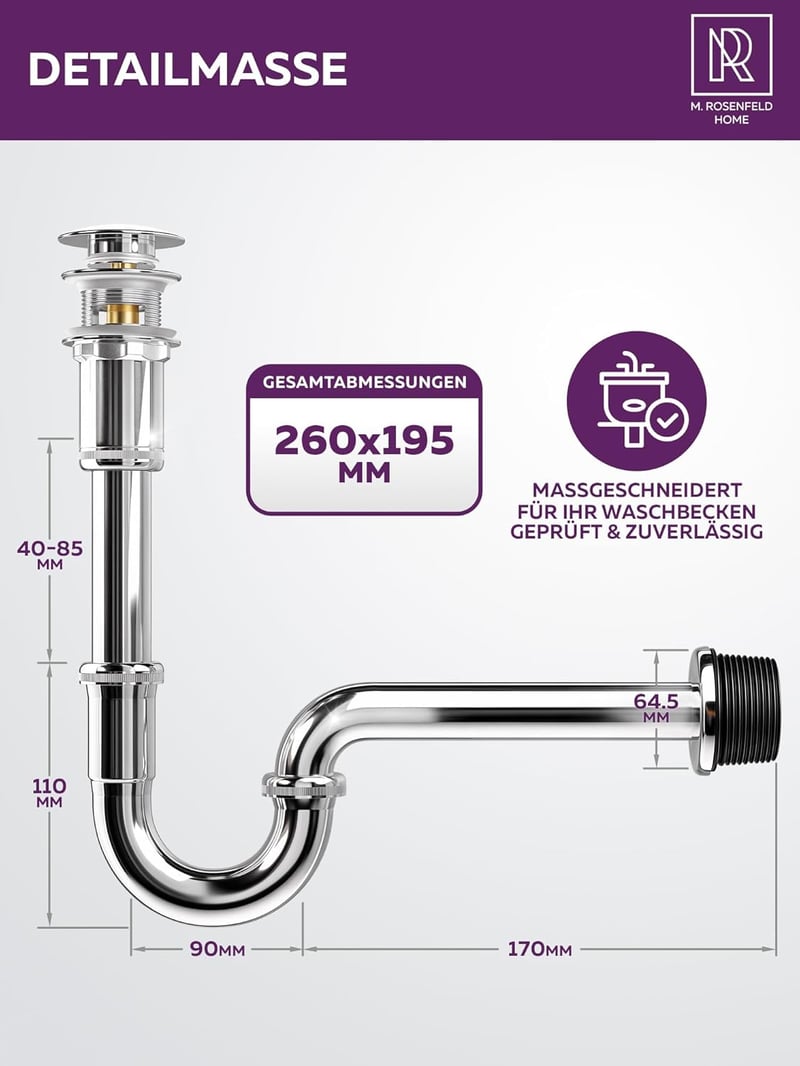 M. ROSENFELD HOME Szifon 1 1/4" Fürdőszobai Lefolyó Szagcsapda Tömítésekkel