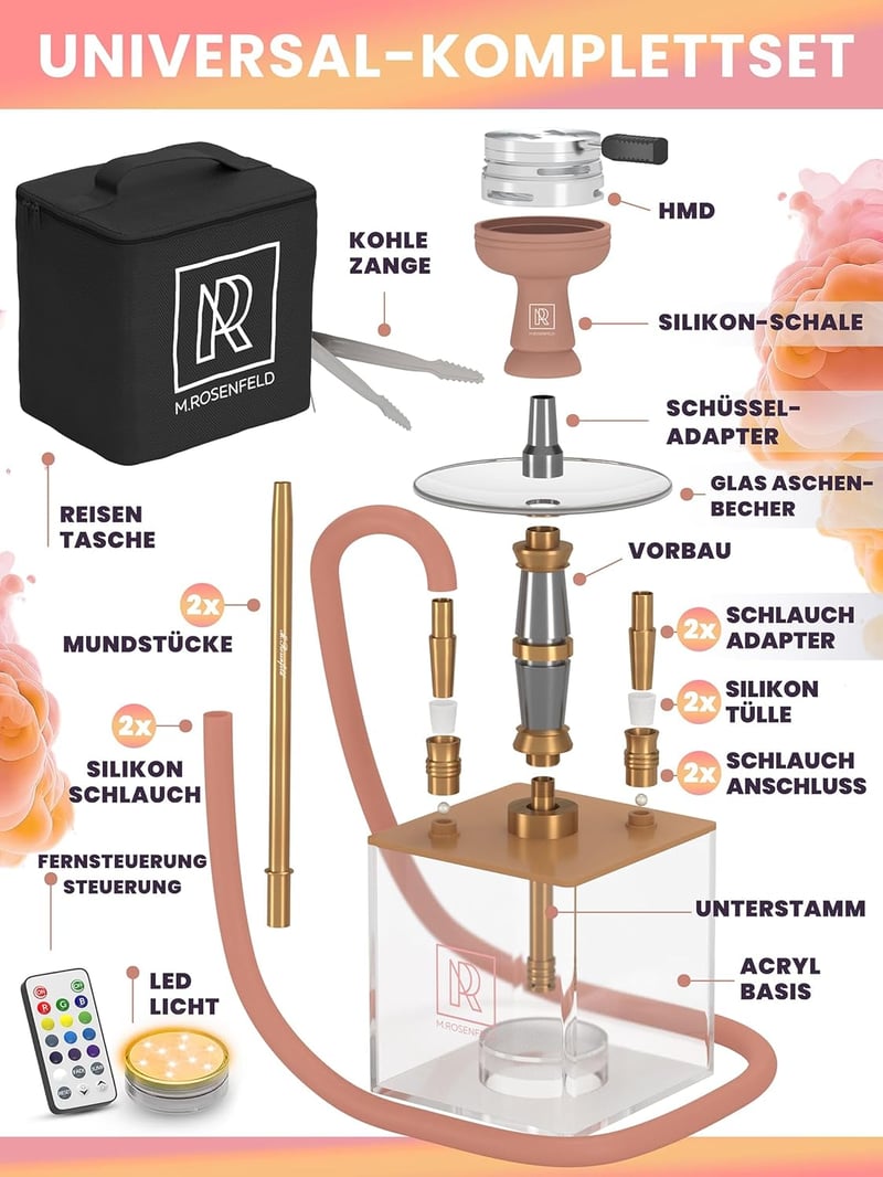 M. ROSENFELD Komplett Vízipipa Szett 2 Csővel - Hordozható Shisha Táskával és Prémium Kiegészítőkkel, Alumínium Merülőcsővel, Akril Tállal -