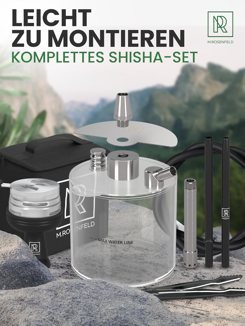 M. ROSENFELD Mini Vízipipa Utazáshoz Táskával és Prémium Kiegészítőkkel - Hordozható Shisha Szett Acrylic Tállal és Rozsdamentes Diffúzorral
