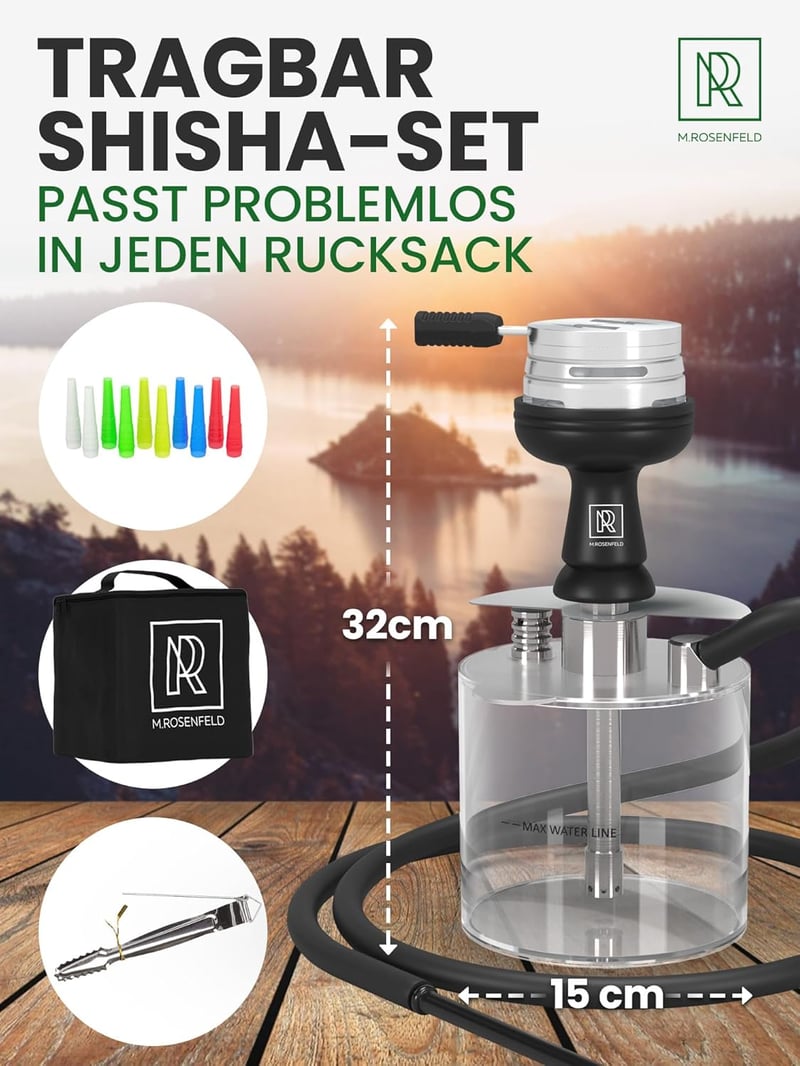 M. ROSENFELD Mini Vízipipa Utazáshoz Táskával és Prémium Kiegészítőkkel - Hordozható Shisha Szett Acrylic Tállal és Rozsdamentes Diffúzorral
