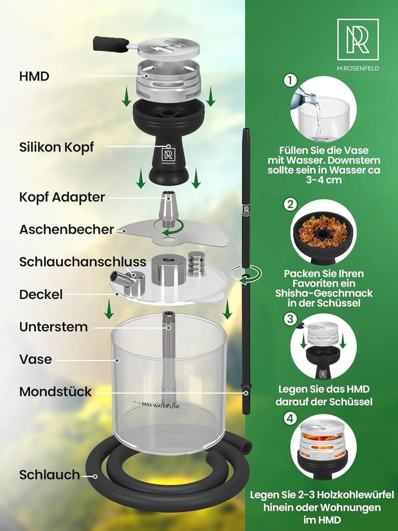 M. ROSENFELD Mini Vízipipa Utazáshoz Táskával és Prémium Kiegészítőkkel - Hordozható Shisha Szett Acrylic Tállal és Rozsdamentes Diffúzorral
