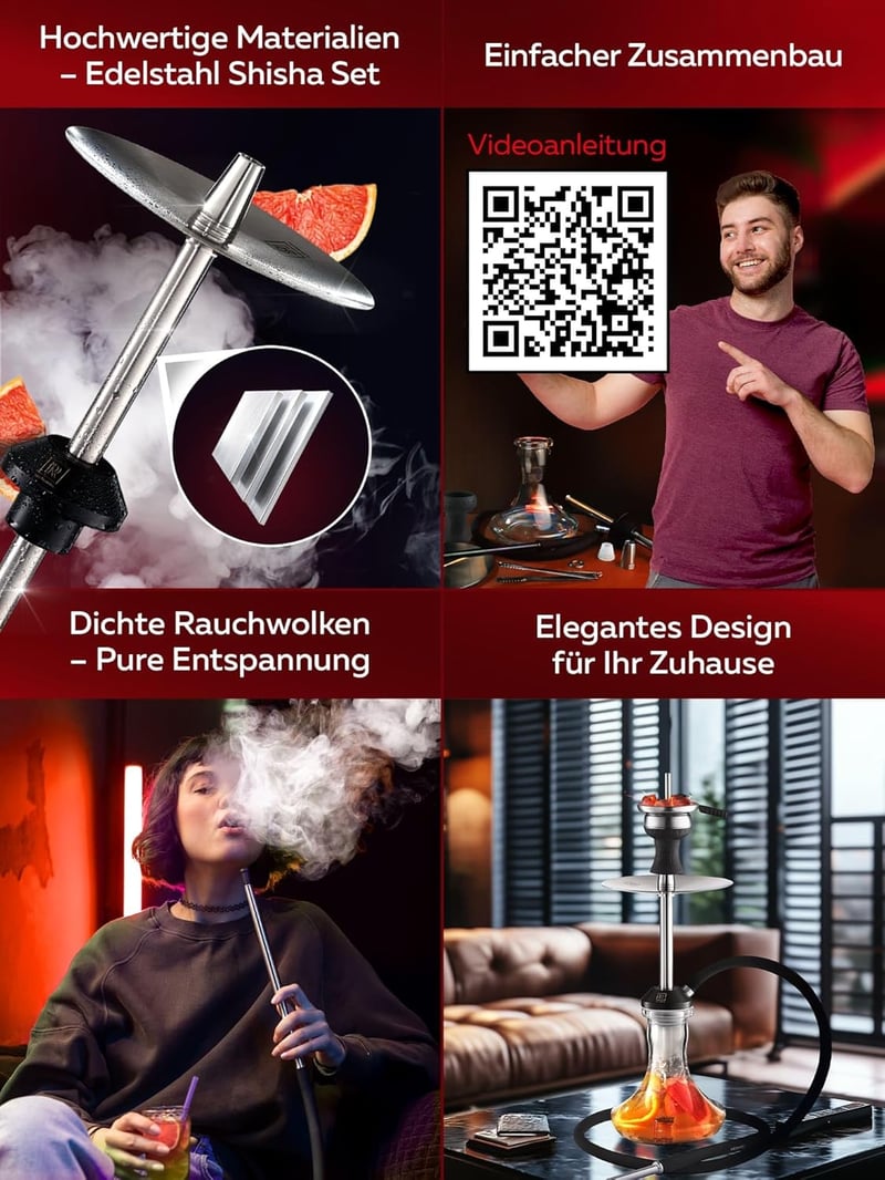 M. ROSENFELD Rozsdamentes Acél Vízipipa Szett Komplett - Utazó Shisha 2 Fejjel és Tartozékokkal, 150 cm Tömlővel