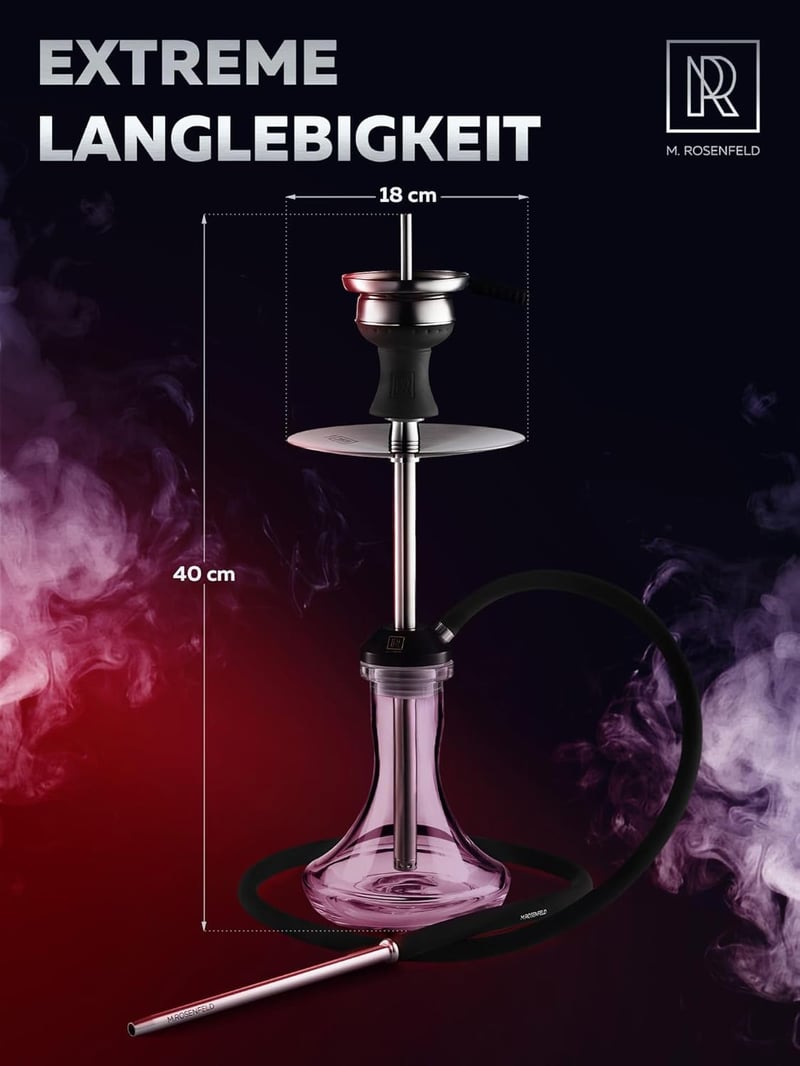 M. ROSENFELD Rozsdamentes Acél Vízipipa Szett Komplett - Utazó Shisha 2 Fejjel és Tartozékokkal, 150 cm Tömlővel