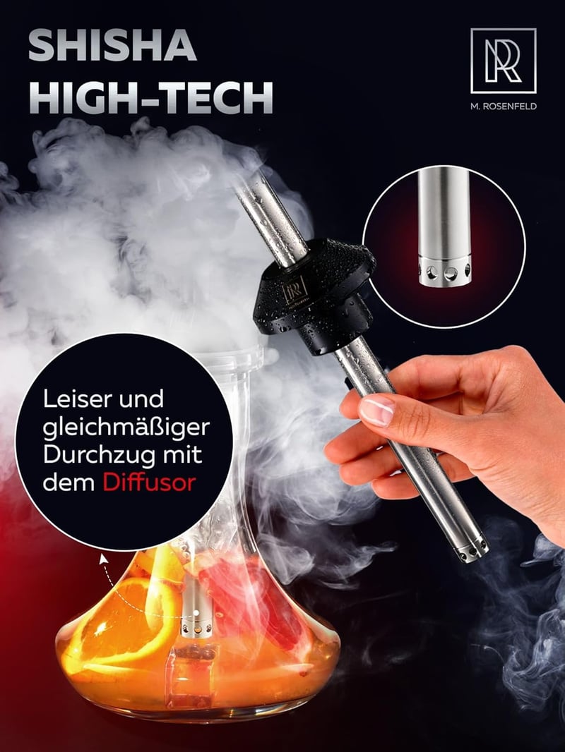 M. ROSENFELD Rozsdamentes Acél Vízipipa Szett Komplett - Utazó Shisha 2 Fejjel és Tartozékokkal, 150 cm Tömlővel