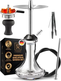 M. ROSENFELD Rozsdamentes Acél Vízipipa Szett Komplett - Utazó Shisha 2 Fejjel és Tartozékokkal, 150 cm Tömlővel 1