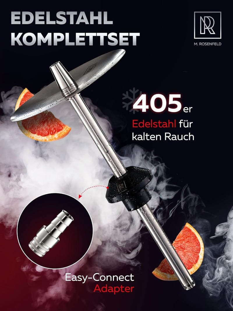 M. ROSENFELD Rozsdamentes Acél Vízipipa Szett Komplett - Utazó Shisha 2 Fejjel és Tartozékokkal, 150 cm Tömlővel