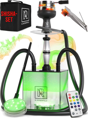 M. ROSENFELD Shisha Set Kompletný Prenosný s Taškou - Vodná Fajka Sada s HMD Hlavou, Náustkom, Hliníkovou Ponornou Tyčou a Akrylovou Vázou