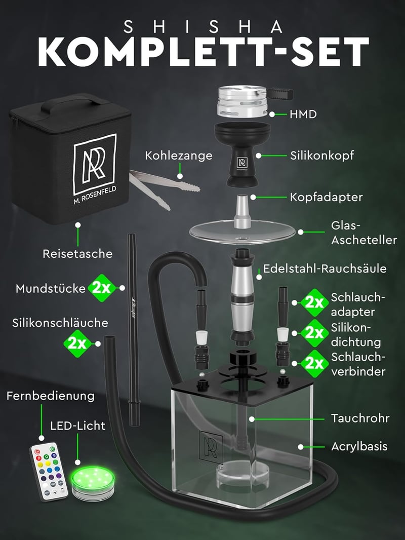 M. ROSENFELD Shisha Szett Komplett Hordozható Táskával - Vízipipa Készlet HMD Fejjel, Szipkával, Alumínium Merülőcsővel és Akril Tállal