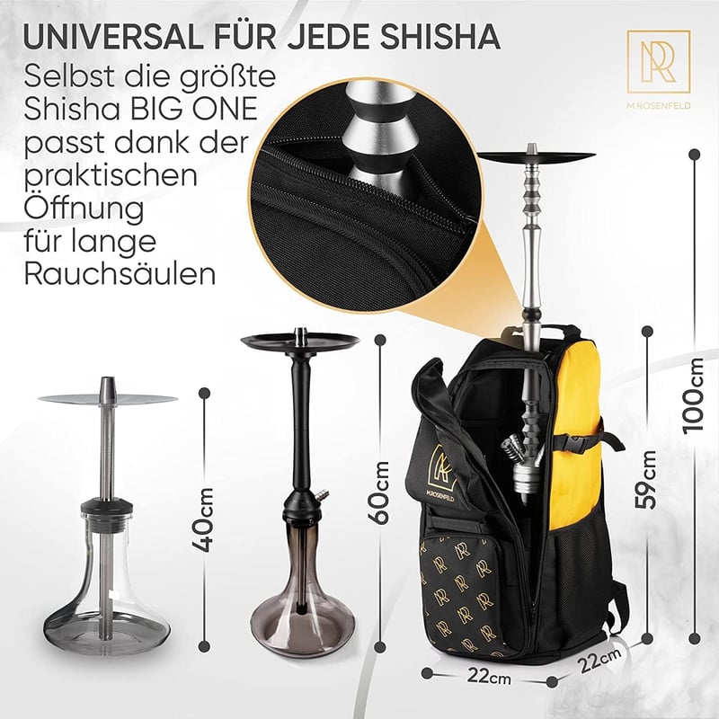M. ROSENFELD Vízipipa Hátizsák Nagy 30L 13 Rekeszes - Prémium Shisha Táska Utazáshoz - Vízálló Hookah Szállító Táska Fekete