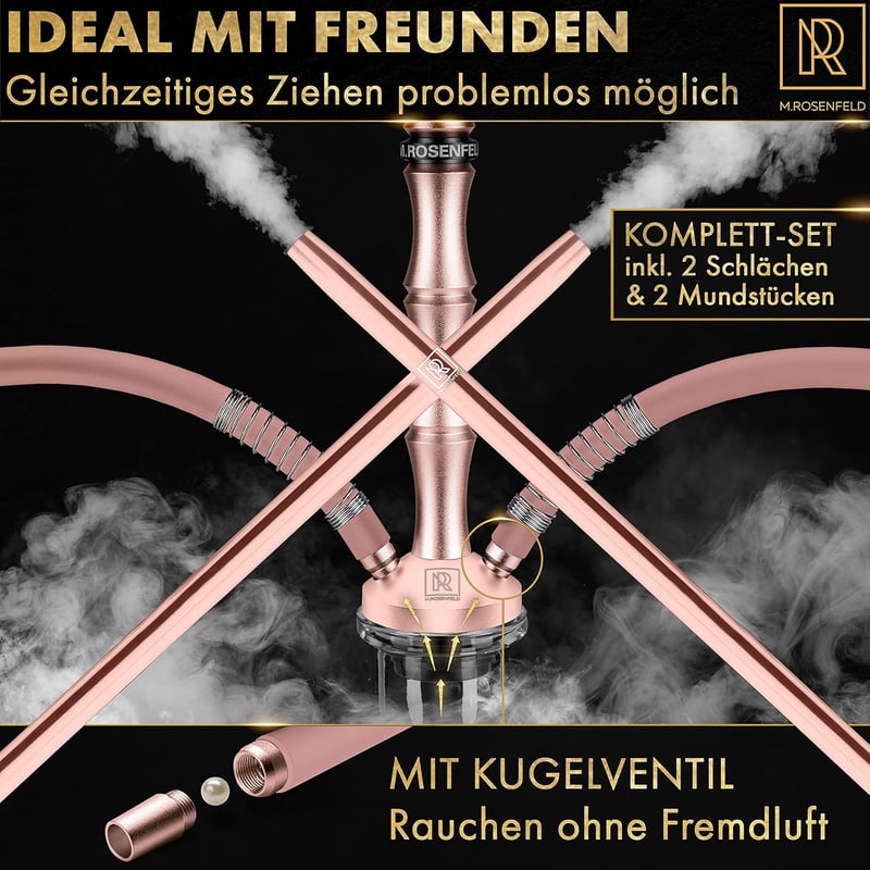 Narghilea M. ROSENFELD 85cm cu 2 furtunuri - Set XL Complet cu LED, Coloană din oțel-aluminiu gravată, Rose Gold
