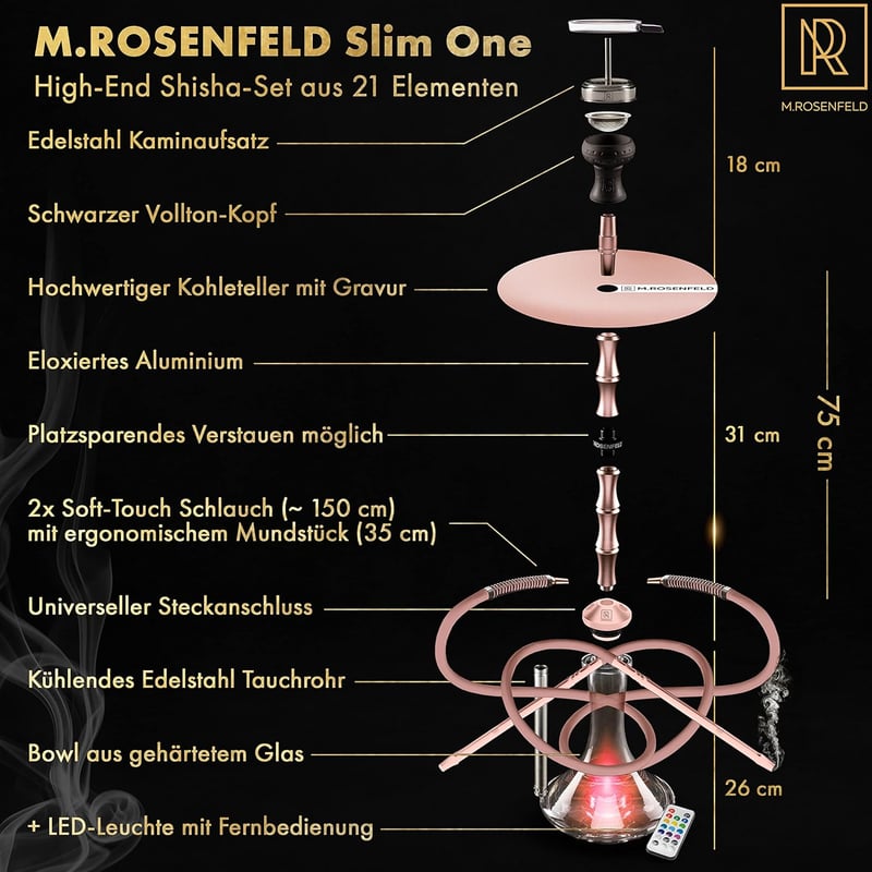 Narghilea M. ROSENFELD 85cm cu 2 furtunuri - Set XL Complet cu LED, Coloană din oțel-aluminiu gravată, Rose Gold