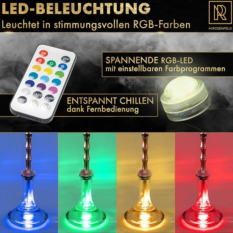 Narghilea M. ROSENFELD 85cm cu 2 furtunuri - Set XL Complet cu LED, Coloană din oțel-aluminiu gravată, Rose Gold