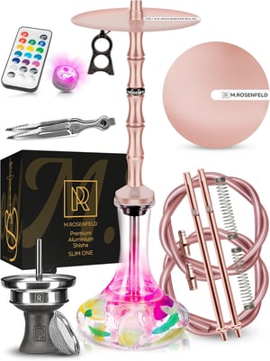 M. ROSENFELD Vodná fajka Set 85cm 2 Hadice - XL Kompletná Súprava LED Osvetlením, Hliníkový Oceľový Stĺp s Gravírovaním Rose Gold
