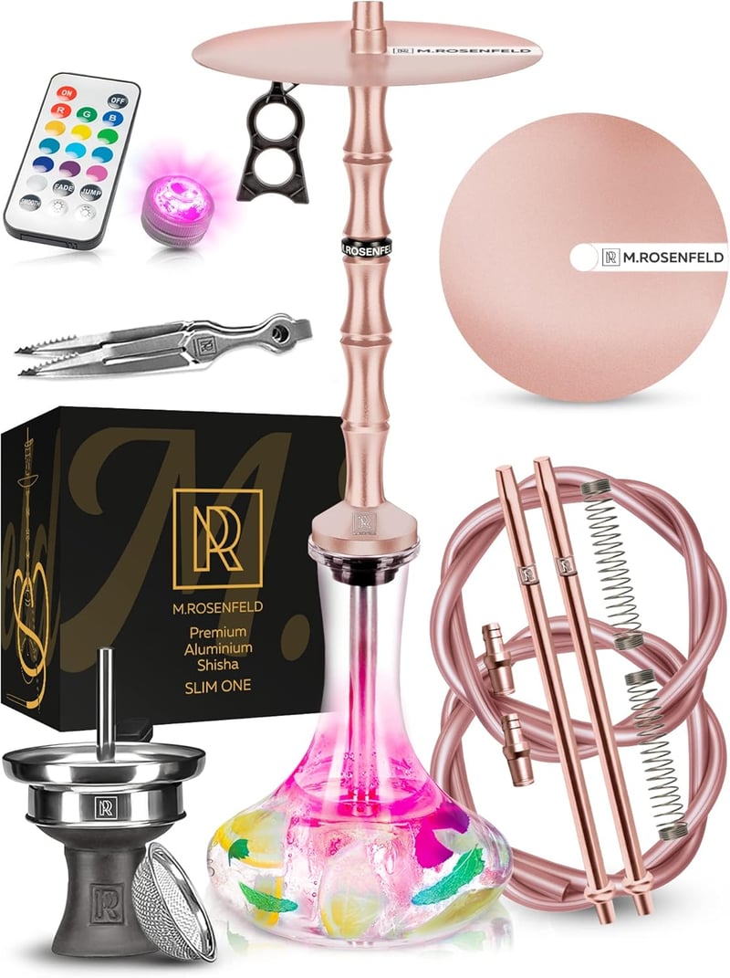 Narghilea M. ROSENFELD 85cm cu 2 furtunuri - Set XL Complet cu LED, Coloană din oțel-aluminiu gravată, Rose Gold