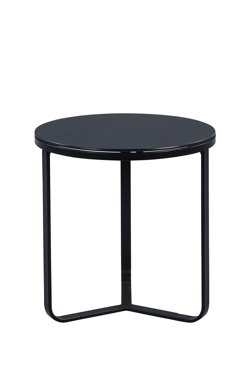Măsuță de cafea modernă M2 Kollektion Boston 1 – Ø 50 cm, înălțime 51 cm – cu blat din sticlă neagră, cadru metalic vopsit electrostatic, design minimalist