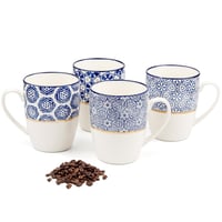 MACHUMA porculanski set šalica za kavu, 4 komada – plavo-bijeli geometrijski uzorak sa zlatnim detaljima – 370 ml 6