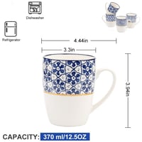 MACHUMA porculanski set šalica za kavu, 4 komada – plavo-bijeli geometrijski uzorak sa zlatnim detaljima – 370 ml 2