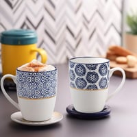 MACHUMA porculanski set šalica za kavu, 4 komada – plavo-bijeli geometrijski uzorak sa zlatnim detaljima – 370 ml 5