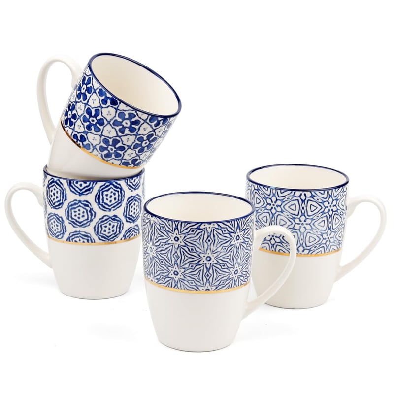 MACHUMA porculanski set šalica za kavu, 4 komada – plavo-bijeli geometrijski uzorak sa zlatnim detaljima – 370 ml