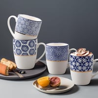MACHUMA porculanski set šalica za kavu, 4 komada – plavo-bijeli geometrijski uzorak sa zlatnim detaljima – 370 ml 4