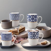MACHUMA porculanski set šalica za kavu, 4 komada – plavo-bijeli geometrijski uzorak sa zlatnim detaljima – 370 ml 3