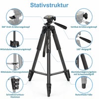 Hliníkový statív na fotoaparát MACTREM Papuma PT55, 55-palcový ľahký cestovný statív, čierna farba, s 360-stupňovou hlavou a diaľkovým ovládačom 3