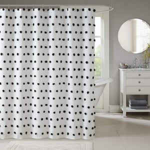 Sprchový záves Madison Park Sophie s brmbolcami, čierno-biely, 182,9x182,9 cm, možno prať v práčke, moderná dekorácia do kúpeľne