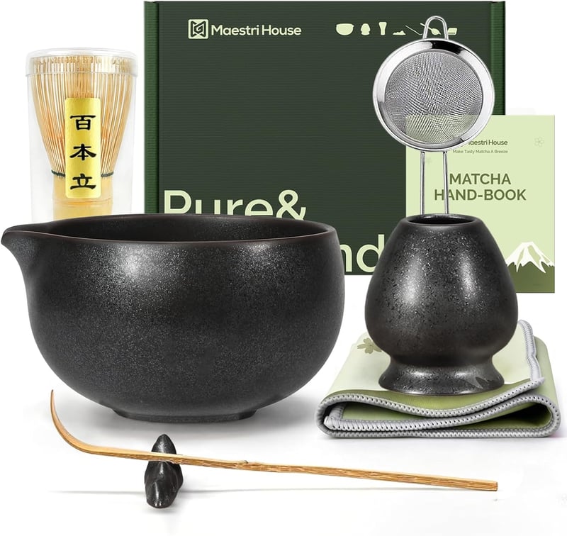 Maestri House matcha készlet 7 részes - kerámia tál, habverő, tartó, szita, kendő - bazaltfekete