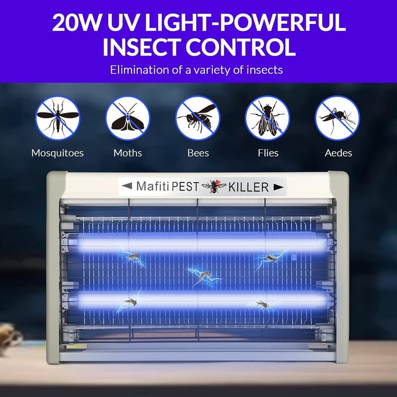 Mafiti Elektromos Rovarcsapda UV Fénnyel - 20W Szúnyogirtó, Légycsapda, Rovarölő Lámpa Konyhába, Otthonba, 54m² Hatóterület, Szürke