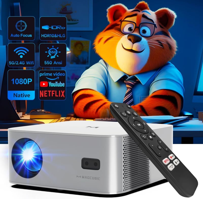 Magcubic 1080P Full HD Projektor Netflix Támogatással, 5G WiFi Bluetooth 5.2, 550 ANSI Autofókusz Hordozható Otthoni Mozi Vetítő