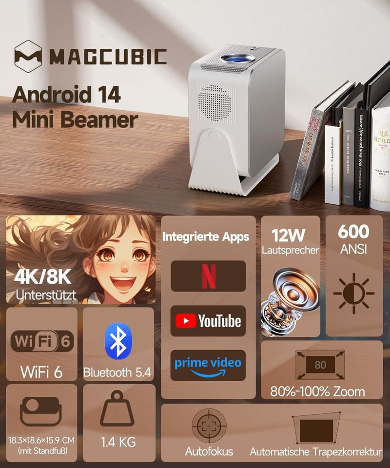 Magcubic Mini Projektor 4K 1080P WiFi 6 Bluetooth Auto Focus Otthoni Mozi