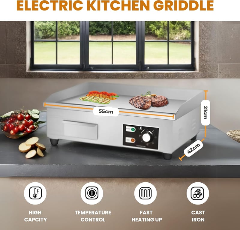 MAGIC SELECT Elektromos Grillező Lap 55x35 cm - Rozsdamentes Acél, 3000W, 300°C Termosztát, Olajgyűjtővel, Húshoz, Halhoz

AI: I've created 