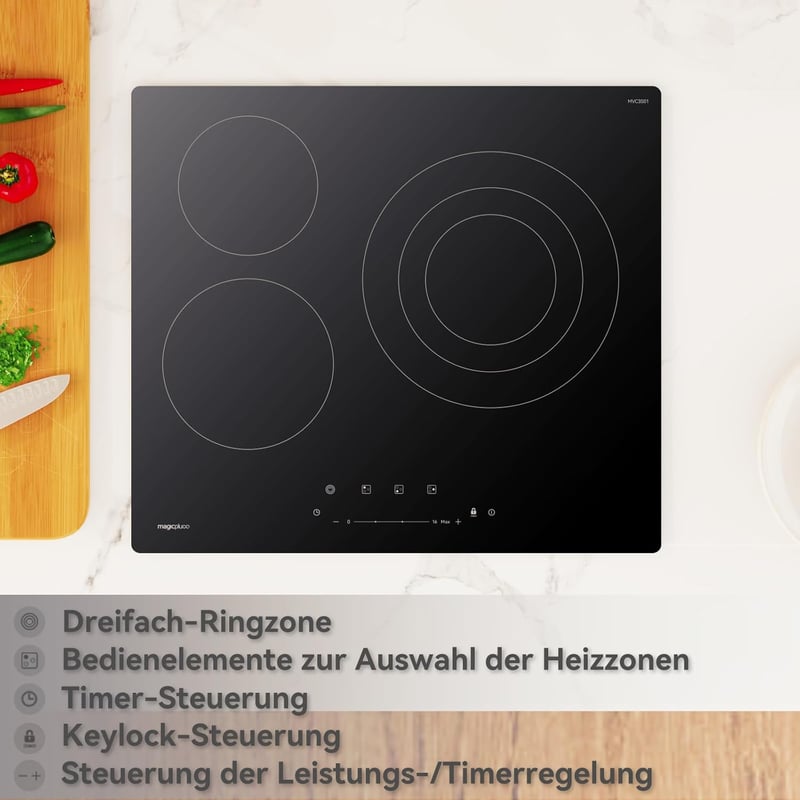 magicplux 59 cm üvegkerámia főzőlap 3 égővel, 6600W, 16 fokozat, érintésvezérlés, gyermekzár, időzítő
