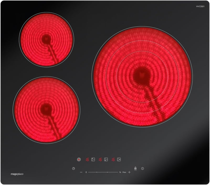 magicplux 59 cm üvegkerámia főzőlap 3 égővel, 6600W, 16 fokozat, érintésvezérlés, gyermekzár, időzítő
